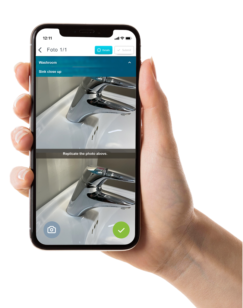 Cleaning staff using the FotoFinish mobile app to submit a photo report at a commercial sink